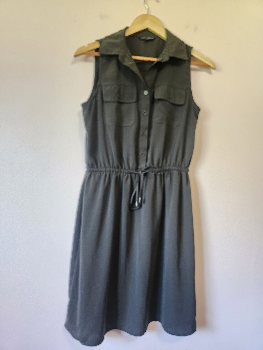 Mario Serrani Italy Olive Green Utility Sleeveless Shirt Dress Drawstring Size S